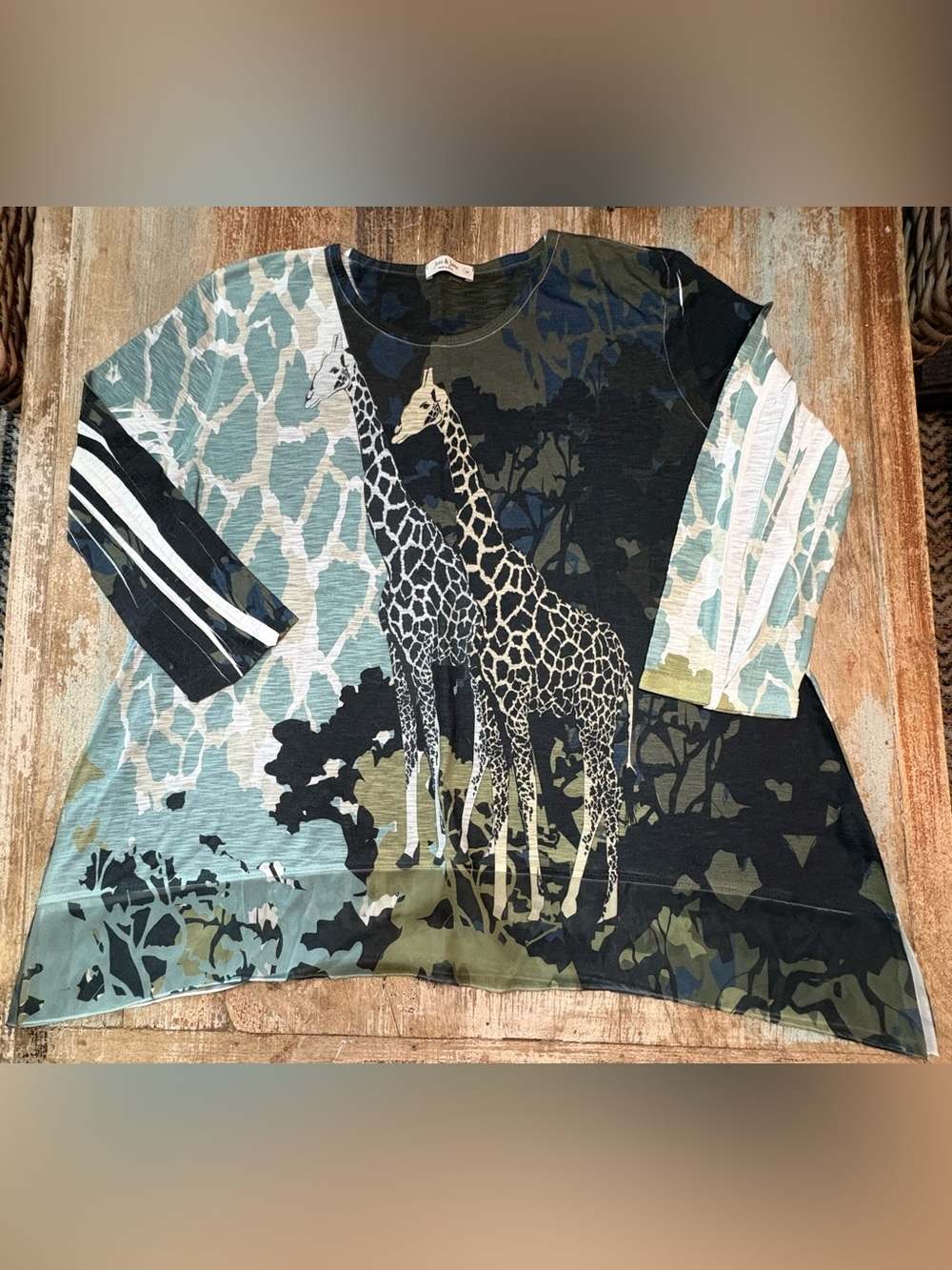 Jess & Jane "Wild Safari" giraffe-themed asymmetric knit tunic top